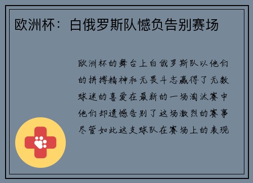 欧洲杯：白俄罗斯队憾负告别赛场