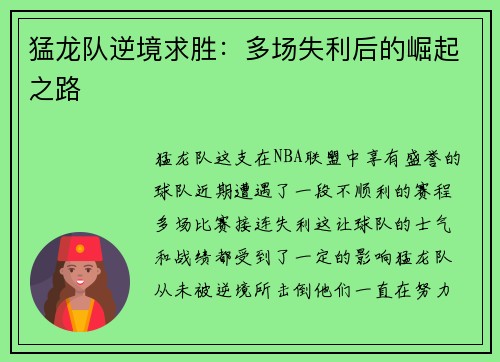 猛龙队逆境求胜：多场失利后的崛起之路